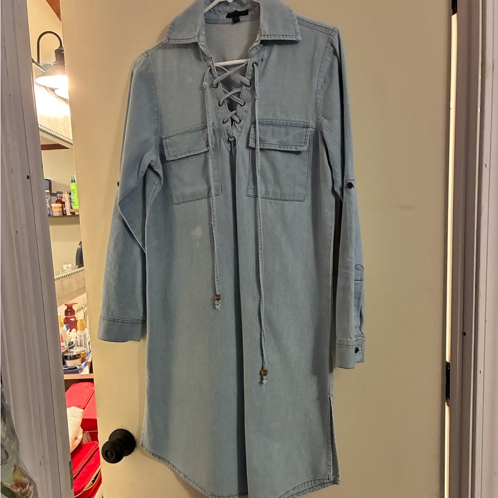 Light Blue Lace-Up Denim Dress (M) Tag Is Not Readable Newly Dry Cleaned - Picture 1 of 6